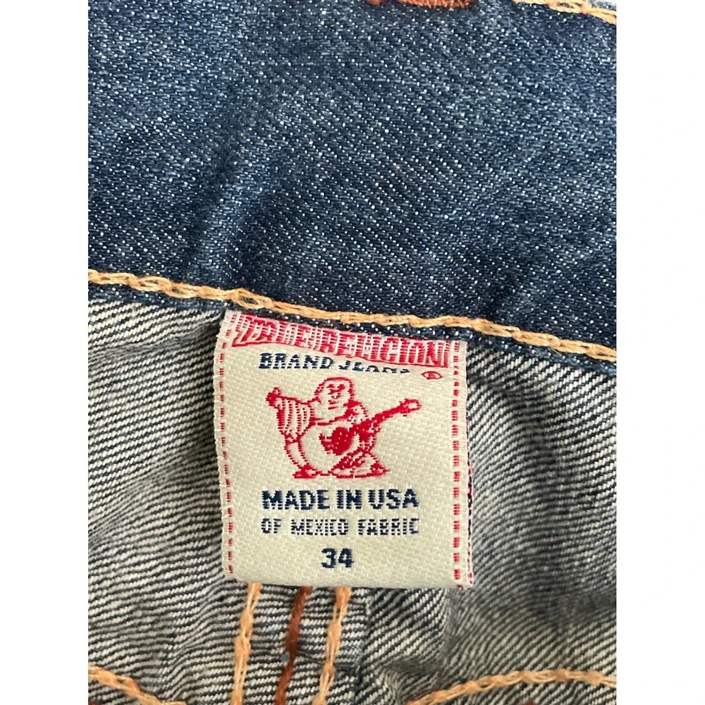 True Religion Straight Jeans Mens 34x34 Blue Thick Contrast Stitch Made in USA